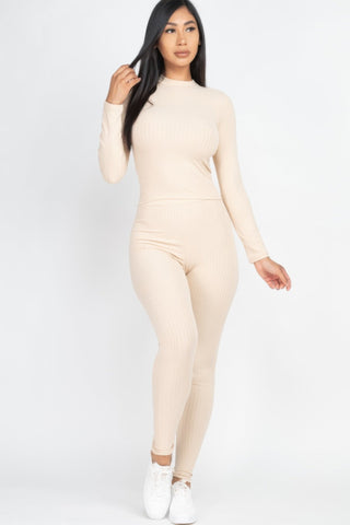 Ribbed Mock Neck Long Sleeve Top & Leggings Set - Wear Arielle