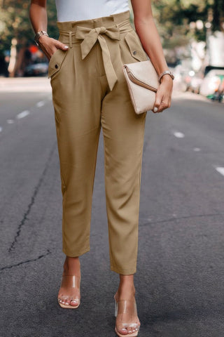 Ruffle Belt Pocket Solid Skinny Pants - Wear Arielle