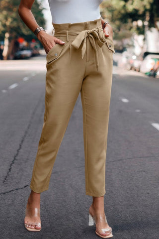 Ruffle Belt Pocket Solid Skinny Pants - Wear Arielle