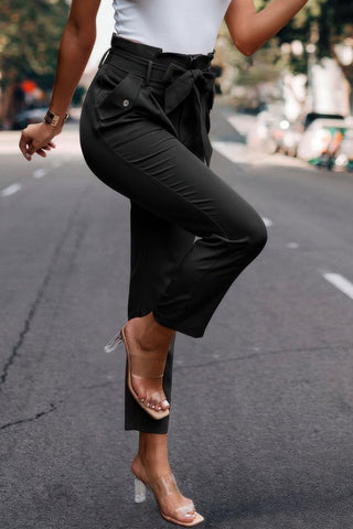 Ruffle Belt Pocket Solid Skinny Pants - Wear Arielle