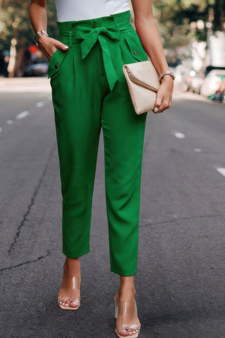 Ruffle Belt Pocket Solid Skinny Pants - Wear Arielle