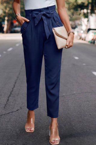 Ruffle Belt Pocket Solid Skinny Pants - Wear Arielle