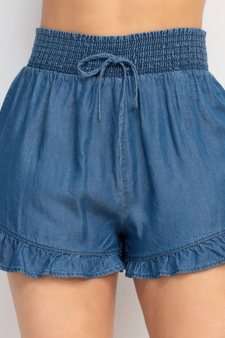 Smocked Waist Ruffled Denim Shorts - Wear Arielle