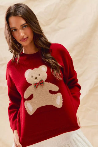 SO ME Teddy Bear With Check Ribbon Christmas Sweater - Wear Arielle
