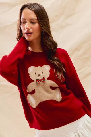 SO ME Teddy Bear With Check Ribbon Christmas Sweater - Wear Arielle