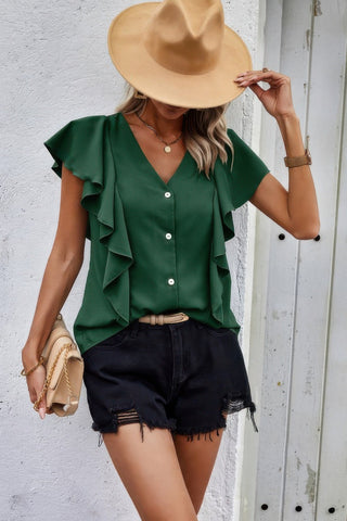 Solid Button Ruffle V Neck Fit Blouse - Wear Arielle
