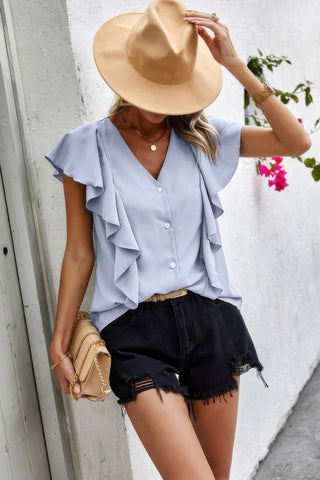Solid Button Ruffle V Neck Fit Blouse - Wear Arielle