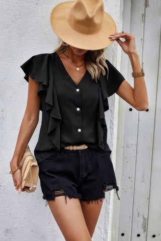 Solid Button Ruffle V Neck Fit Blouse - Wear Arielle