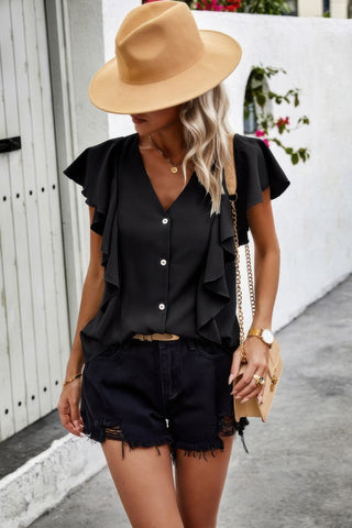 Solid Button Ruffle V Neck Fit Blouse - Wear Arielle