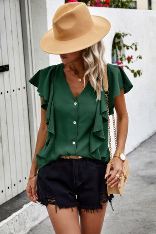 Solid Button Ruffle V Neck Fit Blouse - Wear Arielle
