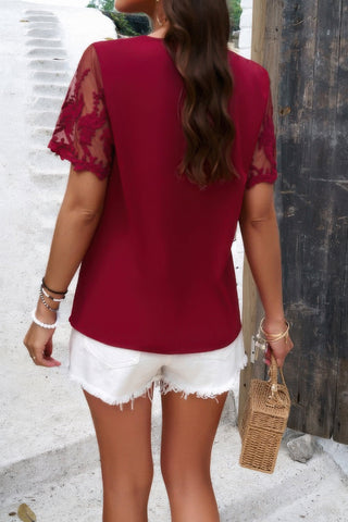 Solid Lace Floral V Neck Short Sleeve Shirt - Wear Arielle