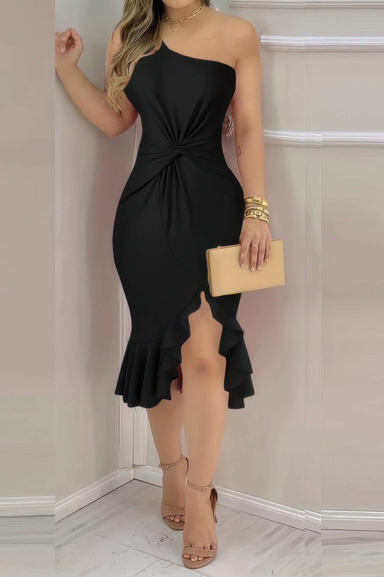 Solid One Shoulder Cross Waist Ruffle Hem Dress - Wear Arielle