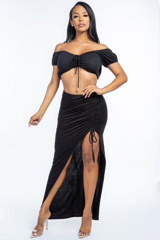 Solid Ruched Front Off The Shoulder Short Sleeve Cropped Top And Side Ruched Asymmetrical Skirt Two Piece Set - Wear Arielle