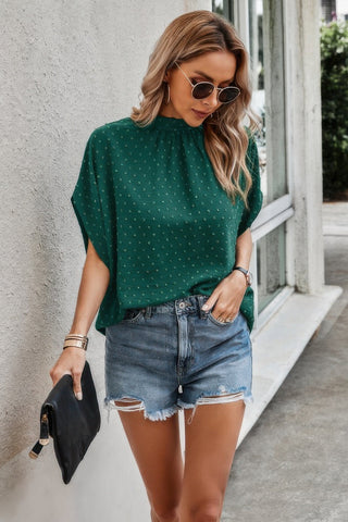 Solid Swiss Dot Mock Neck Drop Shoulder Blouse - Wear Arielle