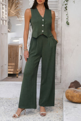 Solid V Neck Button Vest Pleated Suit Sets - Wear Arielle