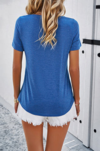 Solid V Neck Cut Out Short Sleeve Loose Shirt - Wear Arielle