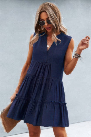 Solid V Neck Flat Collar Tiered Shift Dress - Wear Arielle