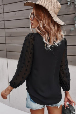 Solid V Neck Lantern Sleeve Swiss Dot Shirt - Wear Arielle