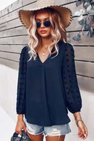 Solid V Neck Lantern Sleeve Swiss Dot Shirt - Wear Arielle