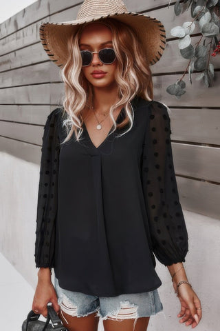 Solid V Neck Lantern Sleeve Swiss Dot Shirt - Wear Arielle