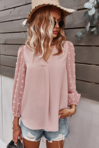 Solid V Neck Lantern Sleeve Swiss Dot Shirt - Wear Arielle