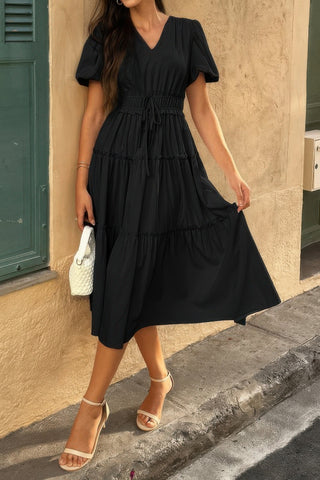 Solid V Neck Puff Sleeve Elastic Waist Dress - Wear Arielle
