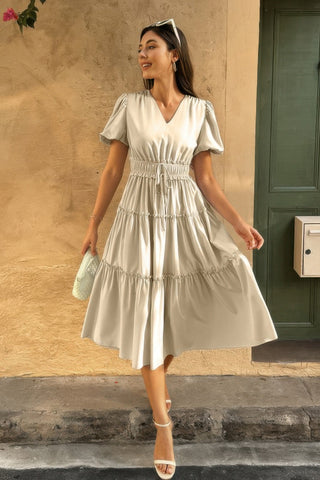 Solid V Neck Puff Sleeve Elastic Waist Dress - Wear Arielle