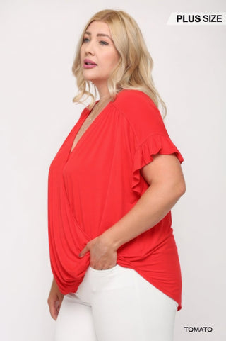 Solid Viscose Knit Surplice Top With Ruffle Sleeve - Wear Arielle