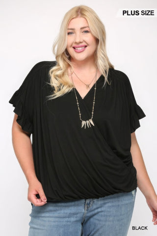 Solid Viscose Knit Surplice Top With Ruffle Sleeve - Wear Arielle