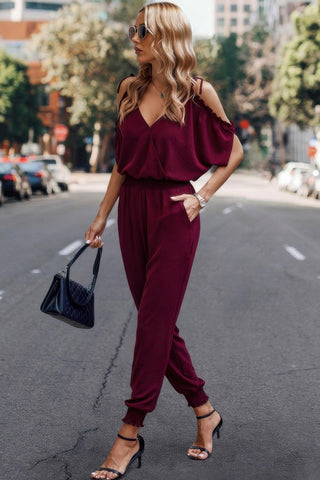 Solid Wrap V Neck Cold Shoulder Outfits Jumpsuit - Wear Arielle