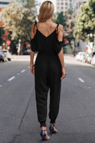 Solid Wrap V Neck Cold Shoulder Outfits Jumpsuit - Wear Arielle
