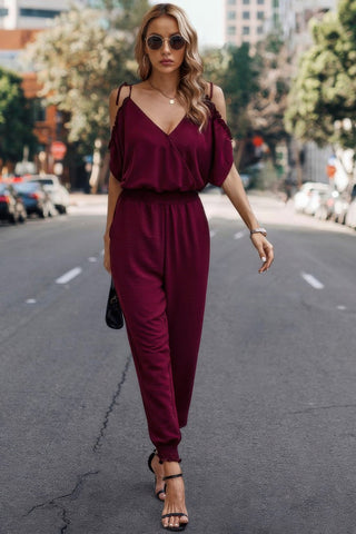 Solid Wrap V Neck Cold Shoulder Outfits Jumpsuit - Wear Arielle
