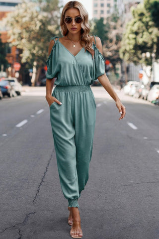Solid Wrap V Neck Cold Shoulder Outfits Jumpsuit - Wear Arielle