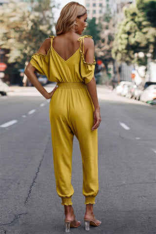 Solid Wrap V Neck Cold Shoulder Outfits Jumpsuit - Wear Arielle