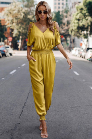 Solid Wrap V Neck Cold Shoulder Outfits Jumpsuit - Wear Arielle
