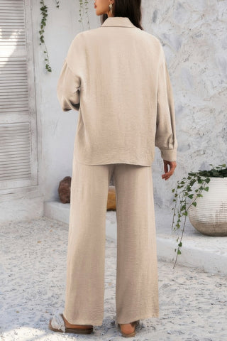 Two Pieces Solid Button Down Blouse Pant Sets - Wear Arielle