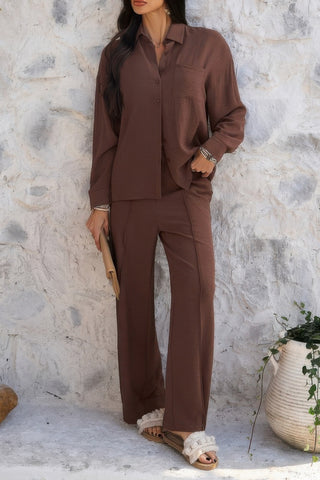 Two Pieces Solid Button Down Blouse Pant Sets - Wear Arielle