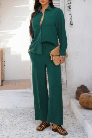 Two Pieces Solid Button Down Blouse Pant Sets - Wear Arielle