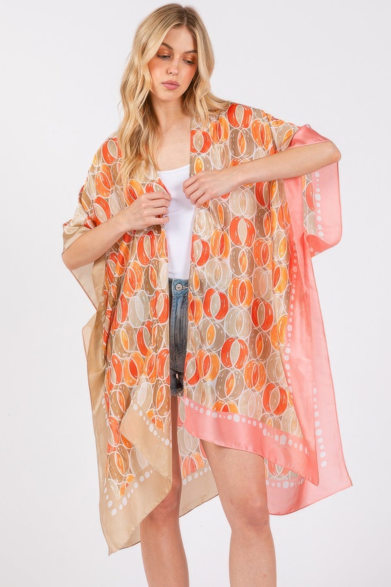 Two Tones Trim Abstract Print Silky Feel Kimono - Wear Arielle
