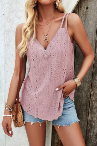 V Neck Eyelet Trim Spaghetti Strap Sleeveless Top - Wear Arielle