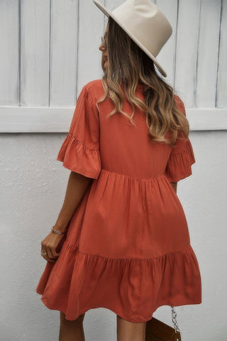 V Neck Flounce Sleeve Ruffle Hem Tie Neck Dress - Wear Arielle