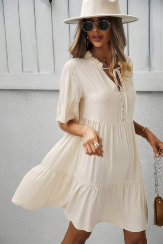 V Neck Flounce Sleeve Ruffle Hem Tie Neck Dress - Wear Arielle
