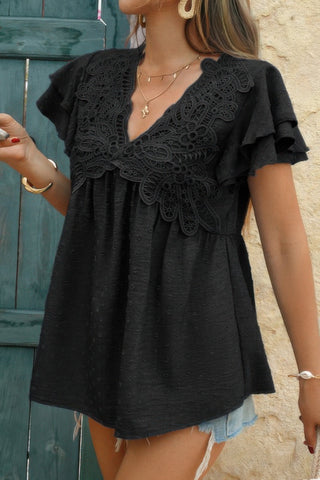 V Neck Lace Cutwork Flock Dot Ruffle Shirt - Wear Arielle