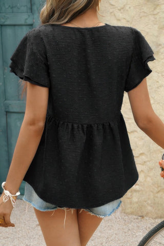 V Neck Lace Cutwork Flock Dot Ruffle Shirt - Wear Arielle