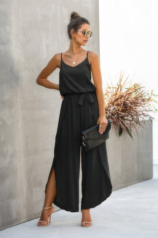 V Neck Suspenders Wide Leg Side Slit Jumpsuit - Wear Arielle