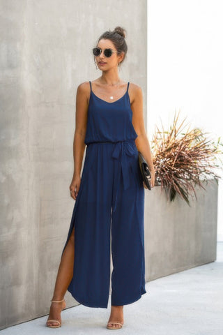 V Neck Suspenders Wide Leg Side Slit Jumpsuit - Wear Arielle