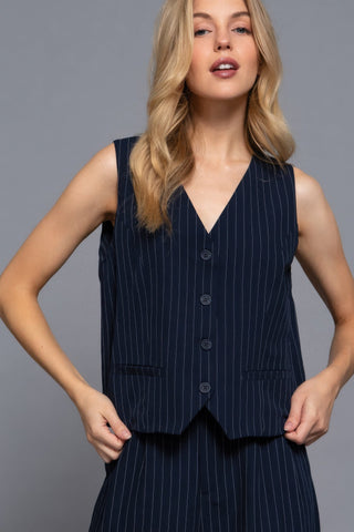 V - neckline Pin Stripe Woven Vest - Wear Arielle