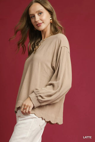 Linen Scallop Hem Long Sleeve Blouse brown - Wear Arielle
