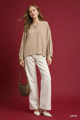 Linen Scallop Hem Long Sleeve Blouse brown - Wear Arielle