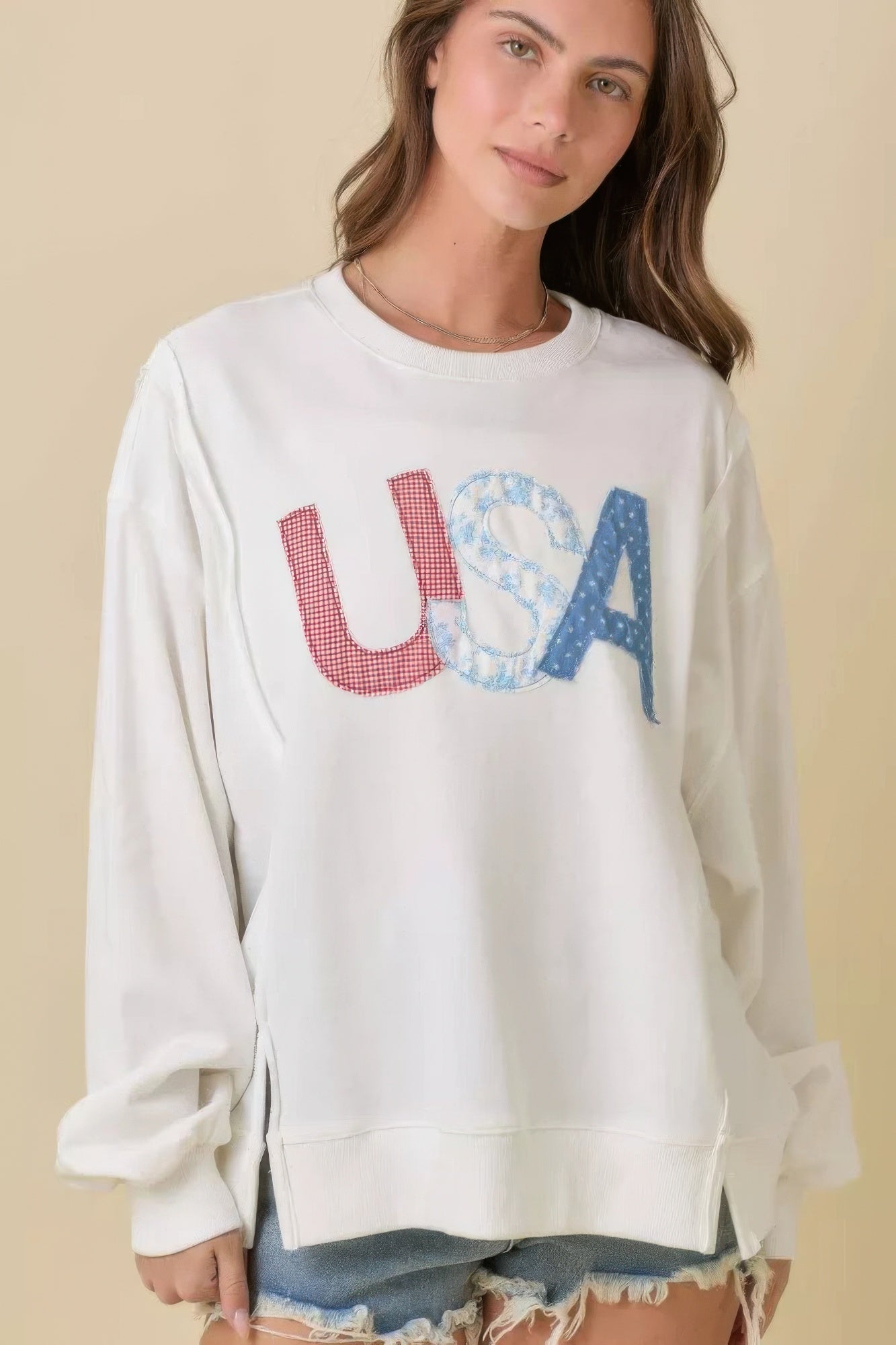 4th Of July Usa Patchwork Crewneck Long Sleeve Top - Wear Arielle